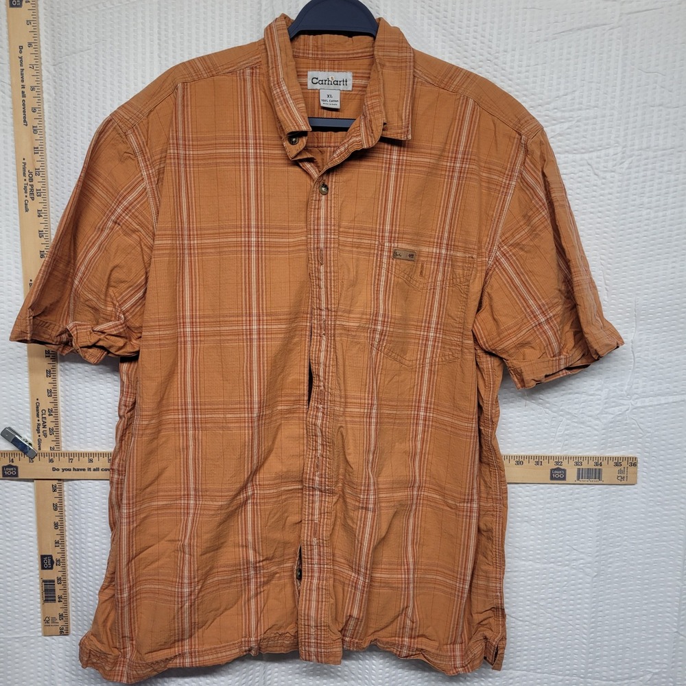 Carhartt Mens XL Burnt Orange Plaid Ripstop Short Sleeve Button Down Shirt